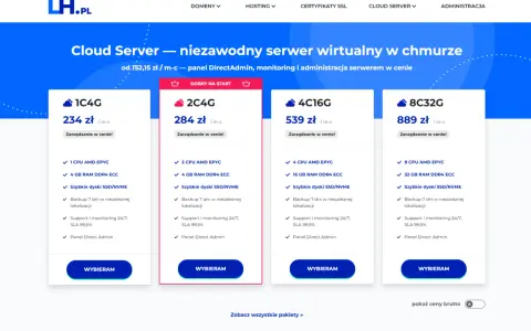 Oferta cloud serverów: co to jest i jakie są dostępne pakiety. Ceny od 234 zł/mc, z SSD/NVME i panelem Direct Admin.