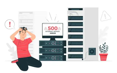 Zdesperowany mężczyzna klęczy przed serwerami, na monitorze błąd 500 Internal Server Error.