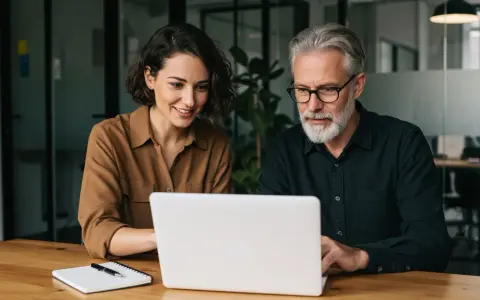 Dwóch współpracowników analizuje dane na laptopie, dyskutując o tym, saas co to jest i jak może usprawnić ich pracę.