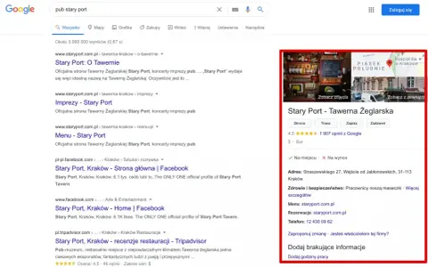 Wyniki wyszukiwania Google dla "pub stary port". Po prawej stronie wizytówka lokalu z adresem, zdjęciami i opiniami. Uważaj na oszustów podszywających się pod lokale.