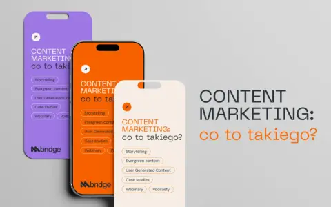 Trzy telefony prezentują różne formy content marketingu: storytelling, evergreen content, user generated content, case studies, webinary i podcasty.