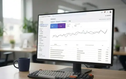 Monitor z panelem Google Search Console, gdzie analizowane są dane dotyczące wydajności strony. Widać wykresy i statystyki, kluczowe dla optymalizacji i linkowania wewnętrznego.