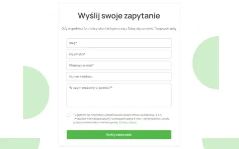 Formularz kontaktowy na stronie: imię, nazwisko, e-mail, telefon i pole na wiadomość. Kliknij "Wyślij wiadomość".