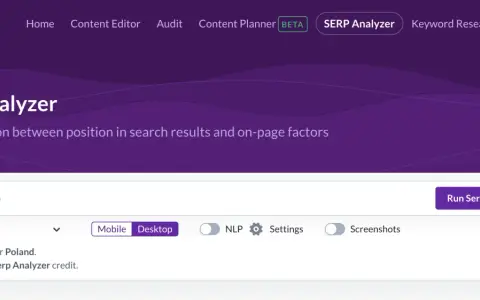 Narzędzie SERP Analyzer od Surfer SEO analizuje frazę "audyt seo" dla Polski, pokazując wyniki desktopowe.