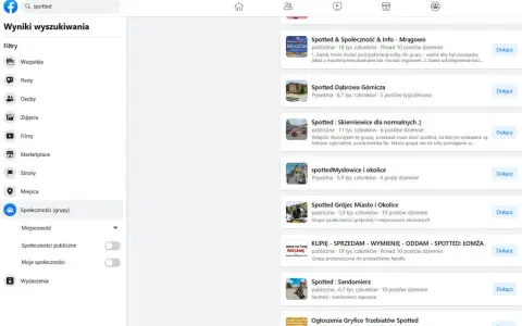 Szukasz jak dodać ogłoszenie na Facebooku w grupie? Wyniki wyszukiwania pokazują grupy typu "Spotted", gdzie można publikować posty.