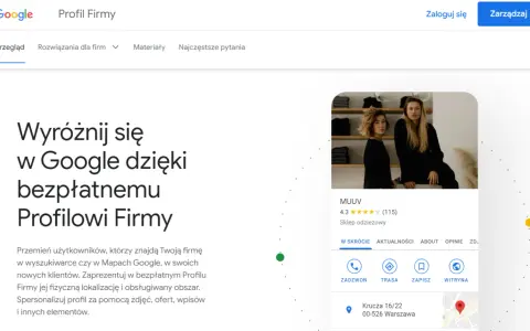 Strona Google Profil Firmy zachęca do wyróżnienia się w sieci. Widoczny przykład profilu sklepu odzieżowego MUUV.
