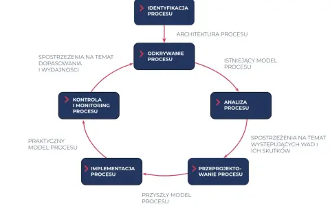 Schemat cyklu życia procesów w firmie: identyfikacja, odkrywanie, analiza, przeprojektowanie, implementacja i kontrola.