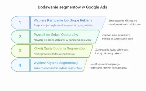 Dodawanie segmentów w Google Ads: wybierz kampanię, przejdź do odbiorców, kliknij dodaj segmenty, wybierz kryteria. Rozszerzenia objaśnień pomagają w targetowaniu.