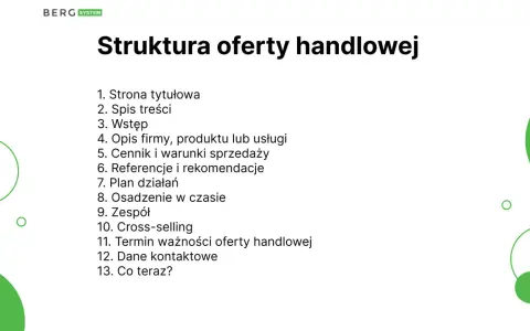 Struktura oferty handlowej: jak napisać ofertę wzór. Lista punktów od strony tytułowej po dane kontaktowe.