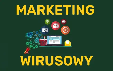 Grafika ilustruje marketing wirusowy: wirusy rozprzestrzeniają się z megafonu na laptopa, koszyk i ikony mediów społecznościowych.