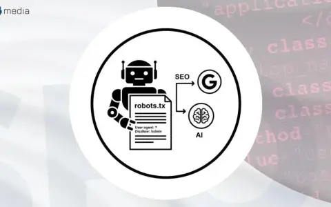Grafika przedstawia robota trzymającego plik robots.txt, który wpływa na SEO i AI.