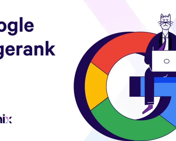 Kreskówkowa postać siedzi na literze "G" Google, pracując na laptopie. Tekst "Google Pagerank" i logo Loganix.