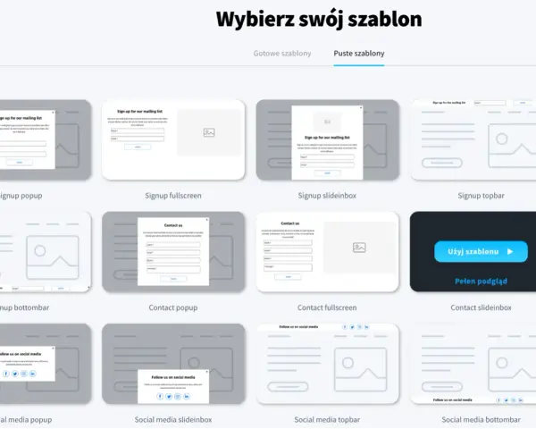 Szablony do wyboru: signup popup, fullscreen, slideinbox, topbar, bottombar, contact popup, fullscreen, slideinbox, social media popup, slideinbox, topbar, bottombar.