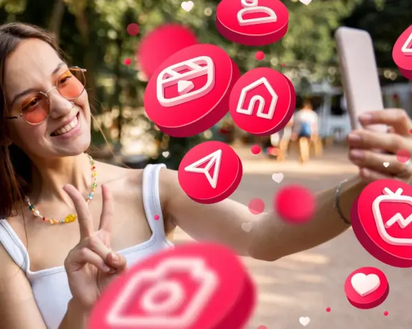 Uśmiechnięta dziewczyna robi selfie, otoczona ikonami mediów społecznościowych. Zastanawia się, followers co to znaczy dla jej popularności.