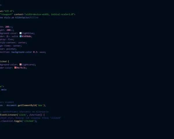 Kod HTML i JavaScript pokazujący, jak zmienić styl elementu po kliknięciu. Dowiedz się, javascript co to jest i jak działa.