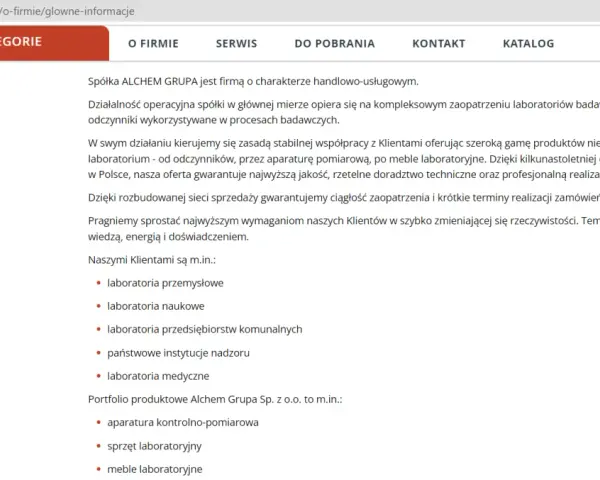 Opis firmy Alchem Grupa: kompleksowe zaopatrzenie laboratoriów w sprzęt, odczynniki i meble. Oferta dla przemysłu, nauki, medycyny.