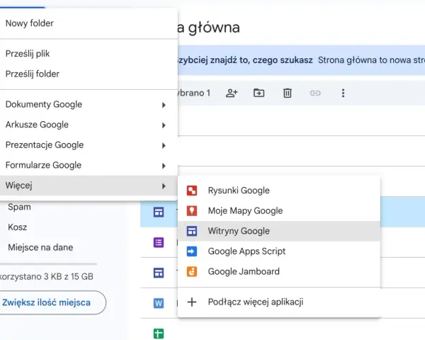 Tworzenie witryny Google jest proste. Kliknij "Więcej", a następnie "Witryny Google", aby rozpocząć.