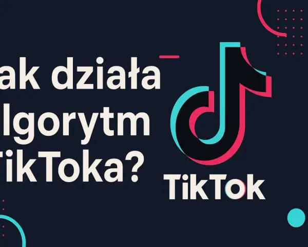 Jak działa algorytm TikToka? Grafika z logo TikTok i pytaniem o działanie algorytmu.