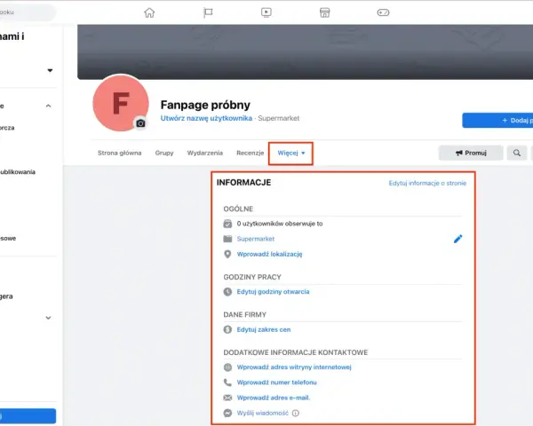 Panel zarządzania stroną na Facebooku, gdzie można edytować informacje o fanpage'u, aby dowiedzieć się, jak założyć stronę na FB.