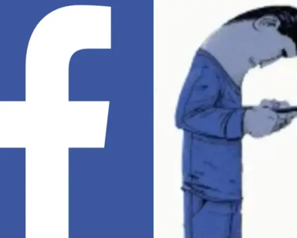 Logo FB obok postaci zgarbionej nad telefonem. Czy to już uzależnienie od Facebooka?