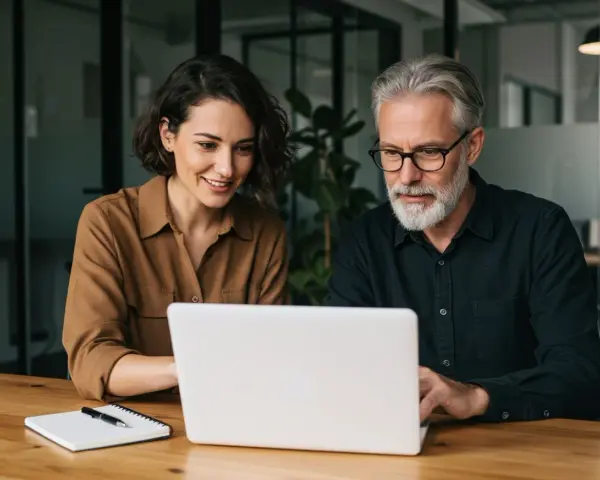 Dwóch współpracowników analizuje dane na laptopie, dyskutując o tym, saas co to jest i jak może usprawnić ich pracę.