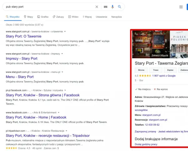 Wyniki wyszukiwania Google dla "pub stary port". Po prawej stronie wizytówka lokalu z adresem, zdjęciami i opiniami. Uważaj na oszustów podszywających się pod lokale.