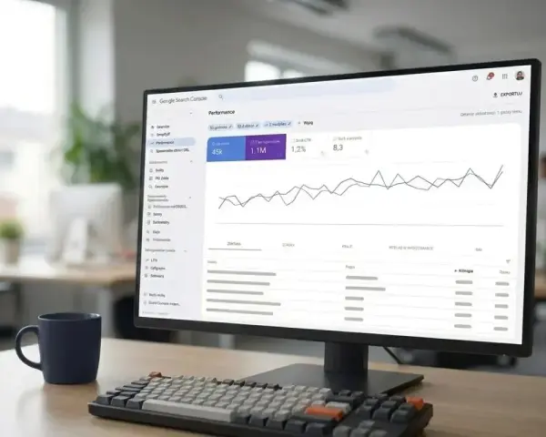 Monitor z panelem Google Search Console, gdzie analizowane są dane dotyczące wydajności strony. Widać wykresy i statystyki, kluczowe dla optymalizacji i linkowania wewnętrznego.