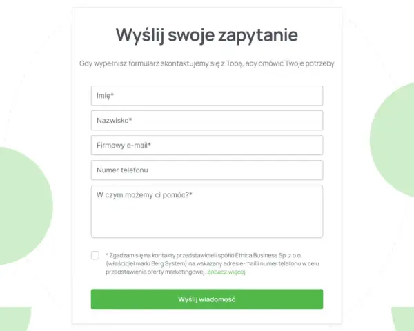 Formularz kontaktowy na stronie: imię, nazwisko, e-mail, telefon i pole na wiadomość. Kliknij "Wyślij wiadomość".