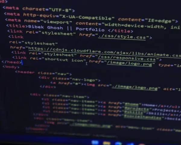 Kod HTML z meta tagami, tytułem strony "Bibek Ghosh || Portfolio" i linkami do plików CSS.