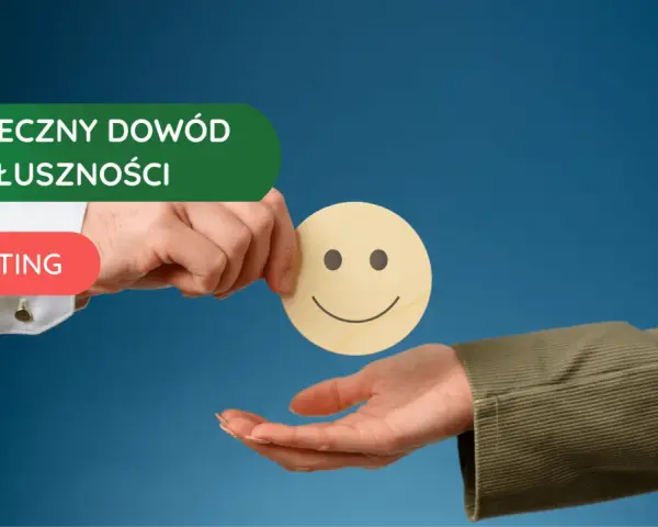 Marketing opiera się na społecznym dowodzie słuszności. Dłoń podaje uśmiechniętą buźkę, symbolizując pozytywne opinie.
