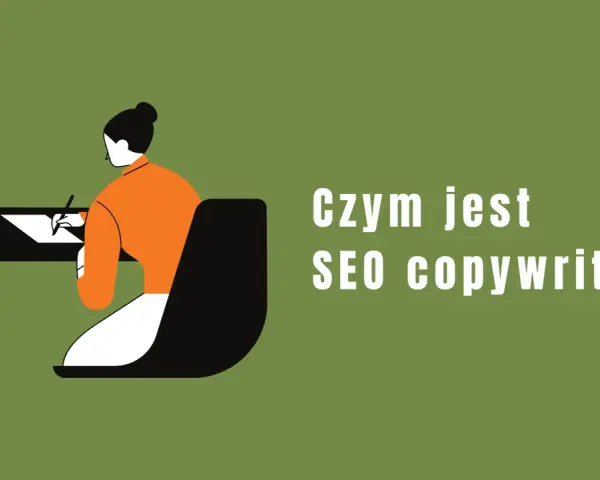 Grafika ilustruje osobę piszącą przy biurku, z tekstem "Czym jest SEO copywriting?".
