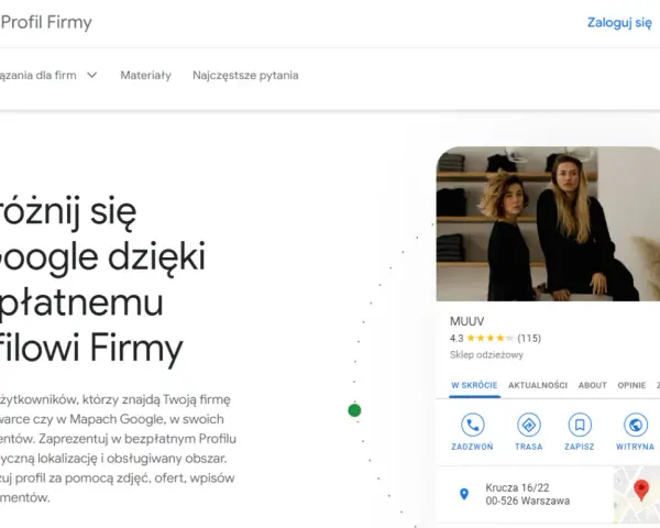 Strona Google Profil Firmy zachęca do wyróżnienia się w sieci. Widoczny przykład profilu sklepu odzieżowego MUUV.