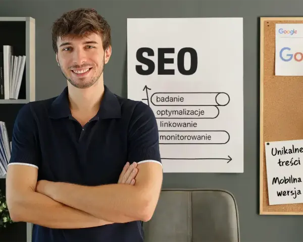Uśmiechnięty mężczyzna prezentuje podstawy SEO: badanie, optymalizacje, linkowanie, monitorowanie. Na tablicy korkowej logo Google i notatki.