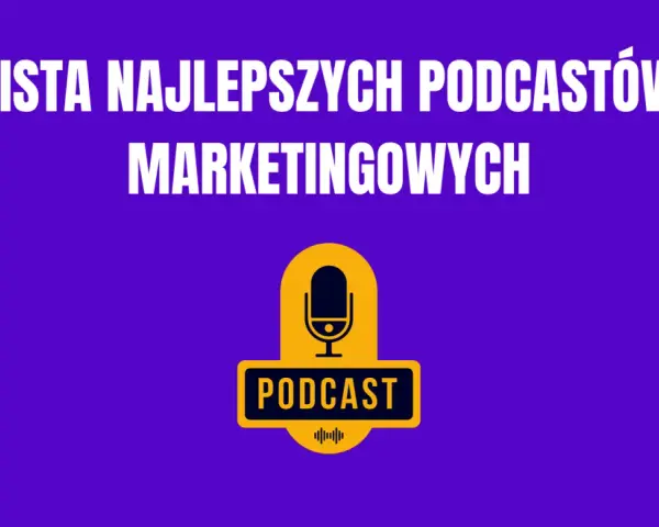 Lista najlepszych podcastów marketingowych. Ikona mikrofonu i napis "PODCAST" na fioletowym tle.