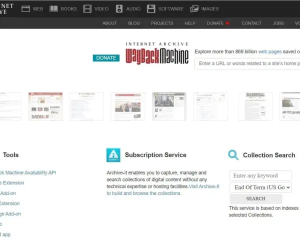 Archiwum stron internetowych Wayback Machine pozwala odkrywać miliardy zapisanych stron. Narzędzia i wyszukiwanie kolekcji ułatwiają dostęp.
