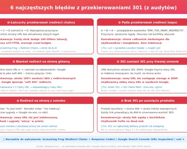 Błędy z przekierowaniami 301: łańcuchy, pętle, blanket redirect, 302 zamiast 301, redirect z noindex, brak 301 po usunięciu.