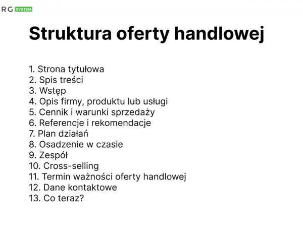 Struktura oferty handlowej: jak napisać ofertę wzór. Lista punktów od strony tytułowej po dane kontaktowe.