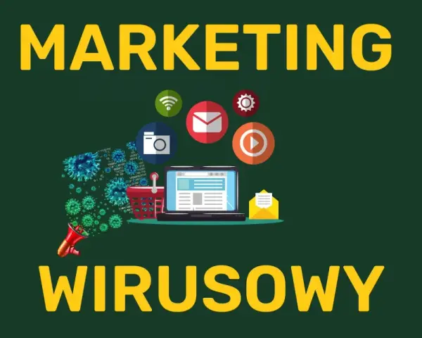 Grafika ilustruje marketing wirusowy: wirusy rozprzestrzeniają się z megafonu na laptopa, koszyk i ikony mediów społecznościowych.