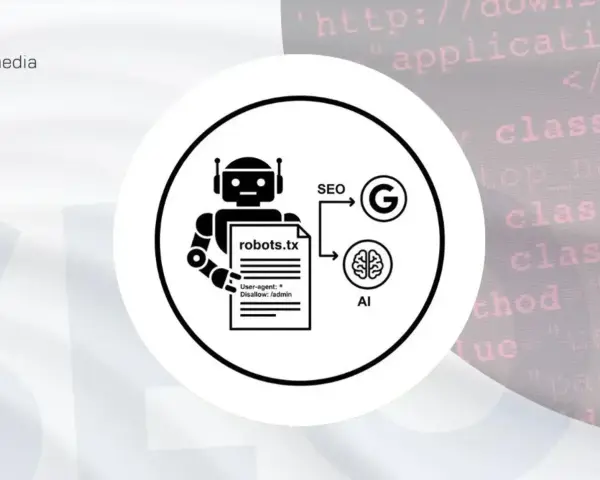 Grafika przedstawia robota trzymającego plik robots.txt, który wpływa na SEO i AI.