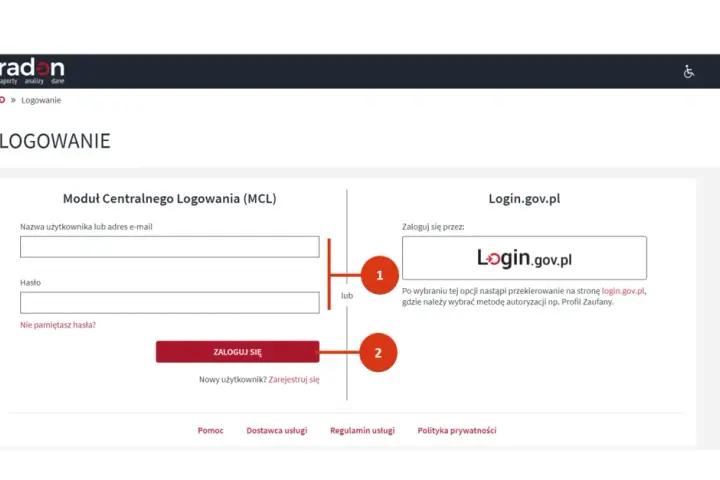 Formularz logowania do systemu. Uwierzytelnienie użytkownika następuje poprzez wpisanie nazwy i hasła lub przez portal login.gov.pl.