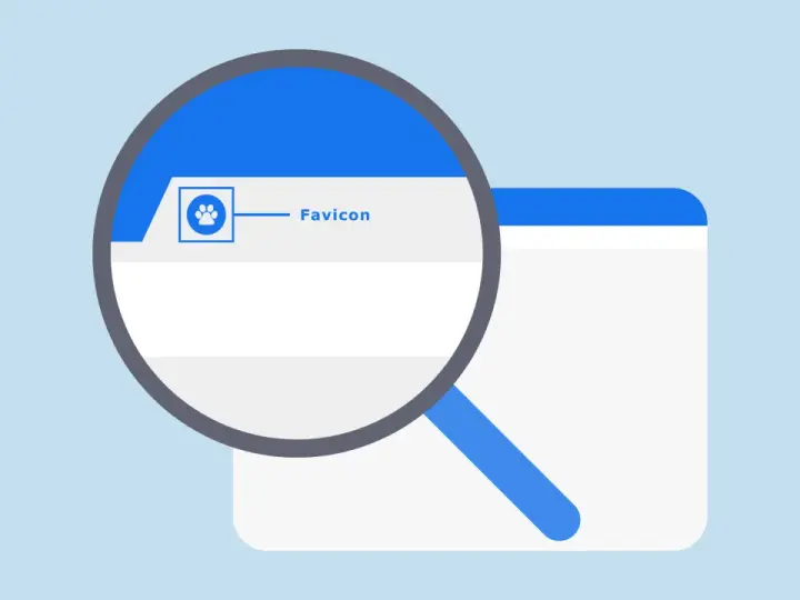 Lupa powiększa ikonkę łapki i napis "Favicon" na karcie przeglądarki.