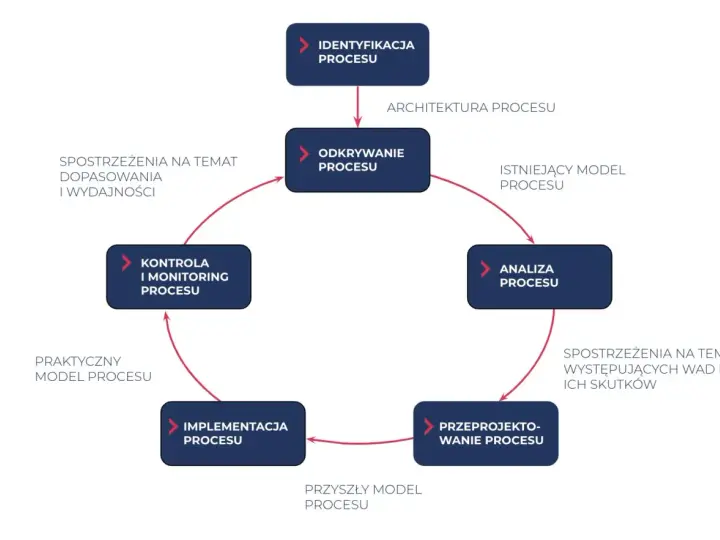Schemat cyklu życia procesów w firmie: identyfikacja, odkrywanie, analiza, przeprojektowanie, implementacja i kontrola.