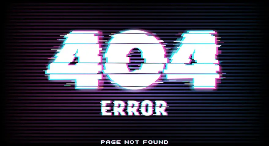 Strona 404 z efektem glitch. Widnieje napis "ERROR" i "PAGE NOT FOUND" na tle poziomych linii.