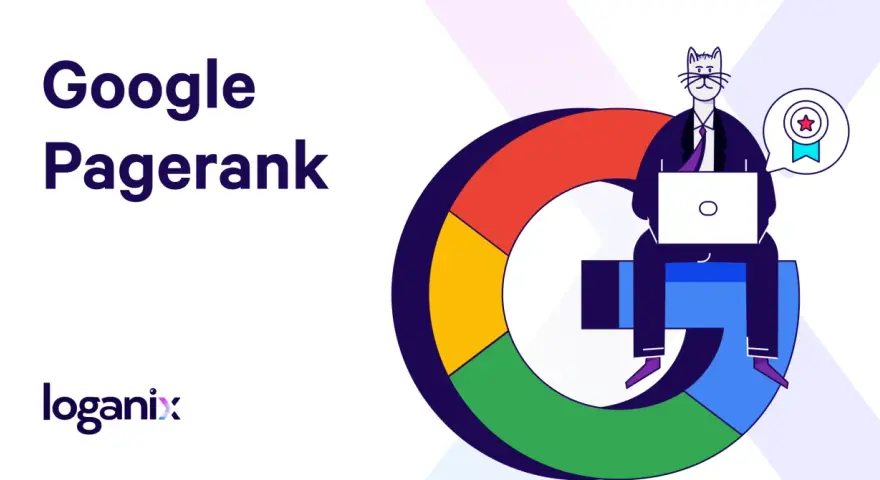 Kreskówkowa postać siedzi na literze "G" Google, pracując na laptopie. Tekst "Google Pagerank" i logo Loganix.