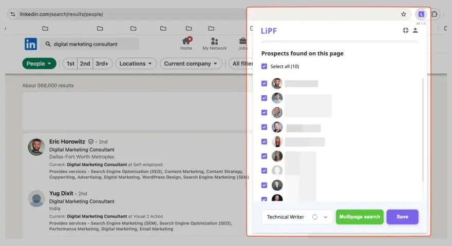 Narzędzie LiPF pokazuje potencjalnych klientów z LinkedIn, ułatwiając social selling. Wyniki wyszukiwania "digital marketing consultant" są gotowe do analizy.