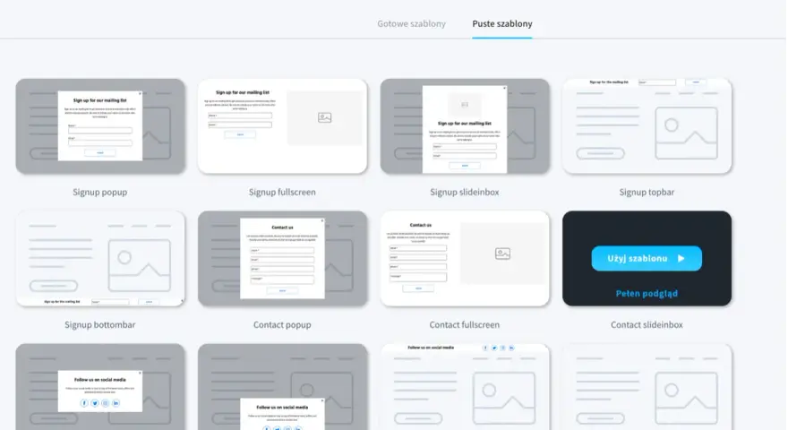 Szablony do wyboru: signup popup, fullscreen, slideinbox, topbar, bottombar, contact popup, fullscreen, slideinbox, social media popup, slideinbox, topbar, bottombar.