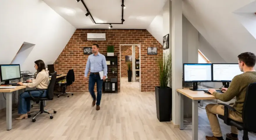 Pracownicy biura z ceglaną ścianą, tworzący strategię marketing internetowy definicja.