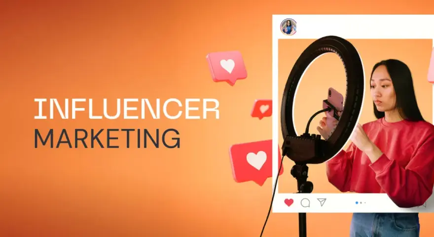 Influencer tworzy treści, budując **earned media**. Wokół niej pojawiają się serduszka, symbolizujące zaangażowanie odbiorców.
