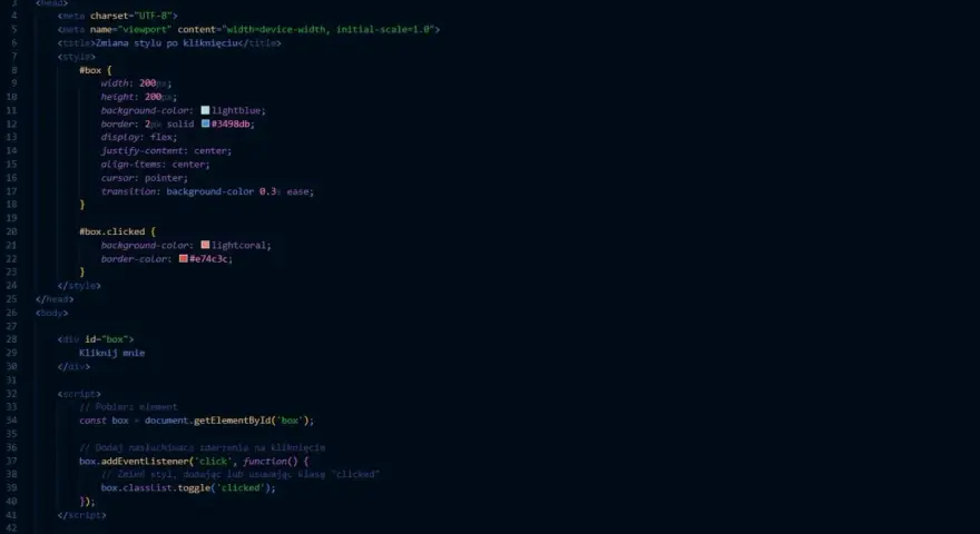 Kod HTML i JavaScript pokazujący, jak zmienić styl elementu po kliknięciu. Dowiedz się, javascript co to jest i jak działa.