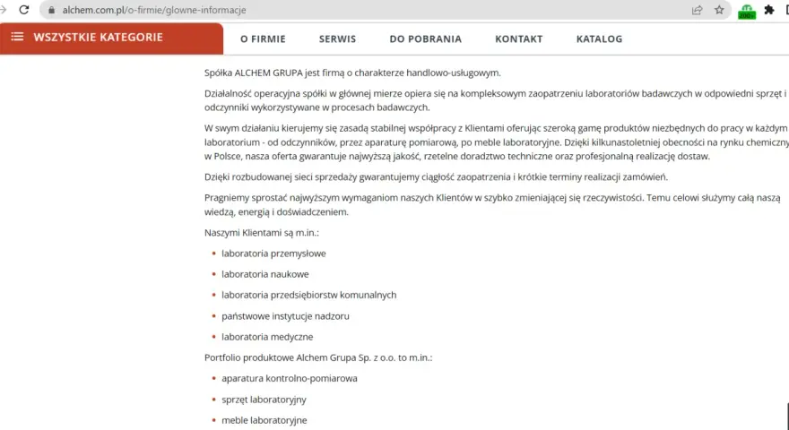 Opis firmy Alchem Grupa: kompleksowe zaopatrzenie laboratoriów w sprzęt, odczynniki i meble. Oferta dla przemysłu, nauki, medycyny.